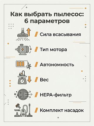 Инфографика: шесть параметров выбора пылесоса — сила всасывания в паскалях, тип мотора, автономность, вес, HEPA-фильтр и комплект насадок