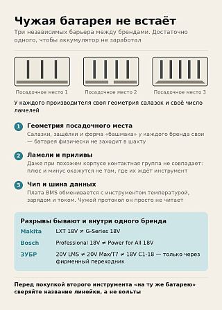 Почему батарея не встаёт в чужой инструмент: три посадочных места с разным числом ламелей