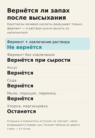 Инфографика: после высыхания запах возвращается у уксуса, соды и мыла и не возвращается у фермента с извлечением