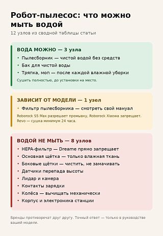 Инфографика: из 12 узлов робота-пылесоса водой моют три, фильтр — по модели, восемь остаются на сухой салфетке