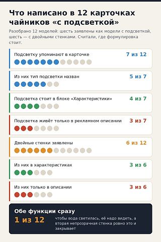 Подсчёт по 12 карточкам чайников: подсветку упоминают 7 моделей, в блоке характеристик она стоит у 4 из 7