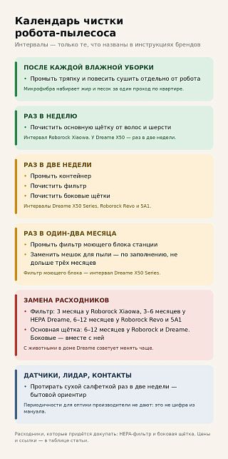 Календарь чистки робота-пылесоса: тряпка после каждой уборки, щётка раз в неделю, фильтр и контейнер раз в две недели
